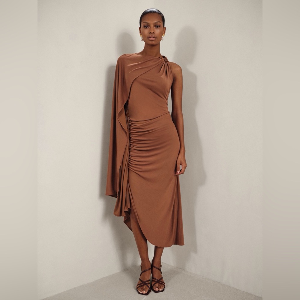 Reiss Kyra Cape Sleeve Jersey Dress Brown Size 10 - Picture 8 of 8